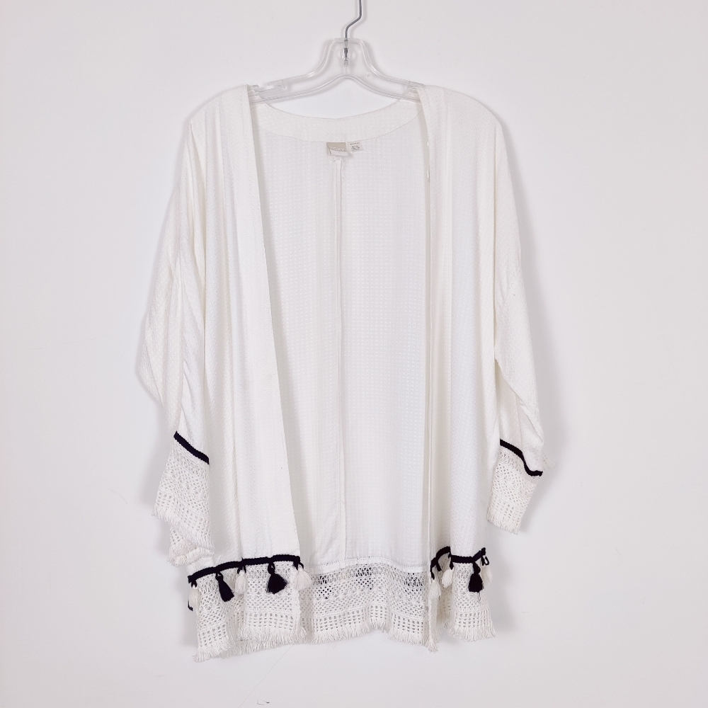 Roxy White Open-Front Kimono with Tassel Trim - Size M/L Bohemian Cottagecore